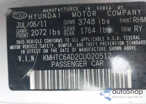 2012 Hyundai Veloster Base W/Black from USA, damaged, VIN KMHTC6AD2CU020512